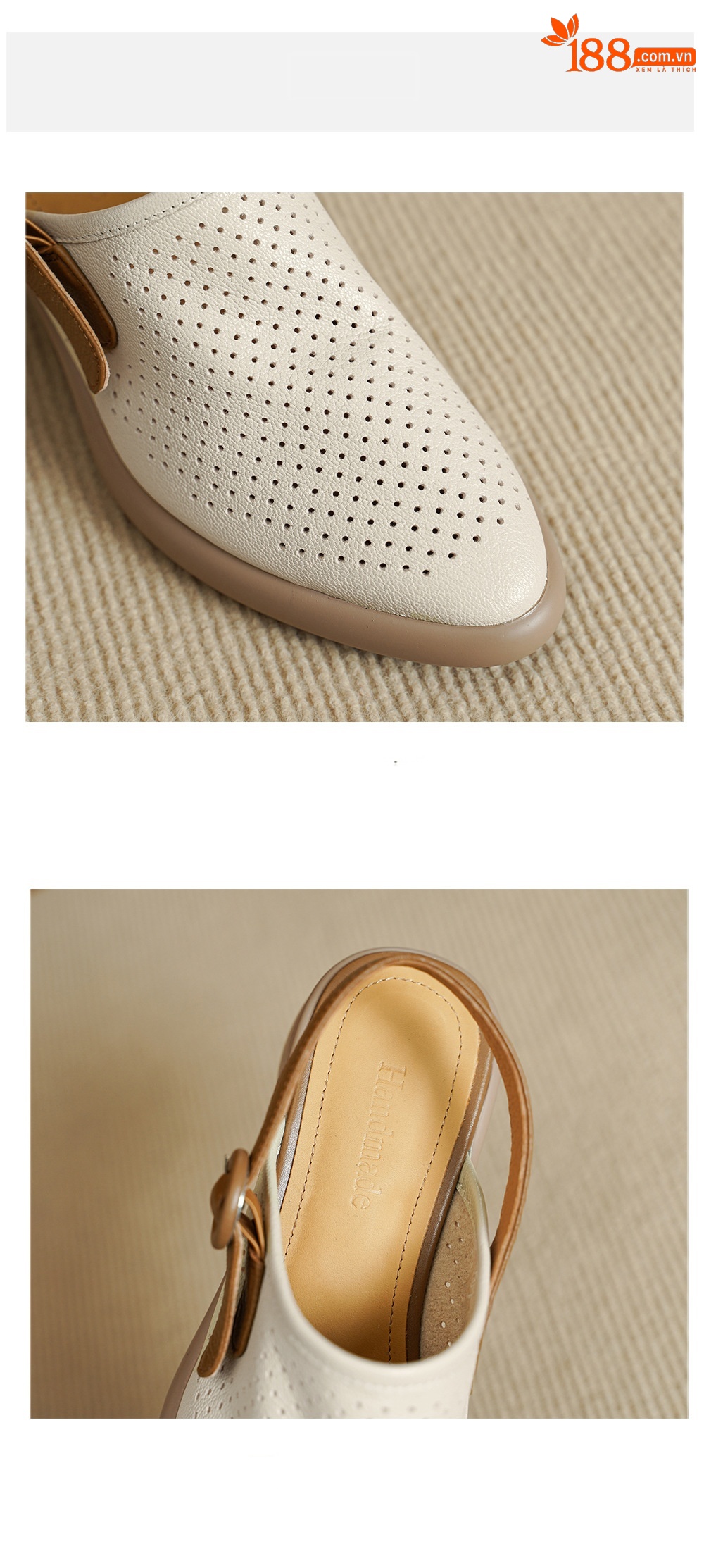 Sandal da dê nữ quai ngang mũi tròn gót vuông cao 7 cm — màu trắng ngà chi tiết 14