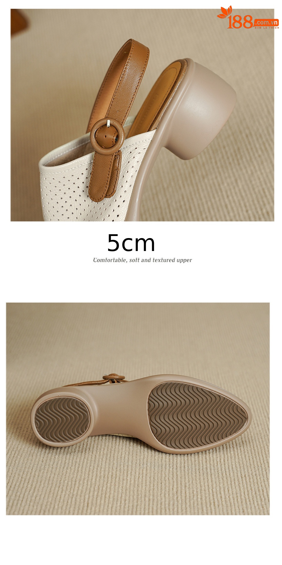 Sandal da dê nữ quai ngang mũi tròn gót vuông cao 7 cm — màu trắng ngà chi tiết 15
