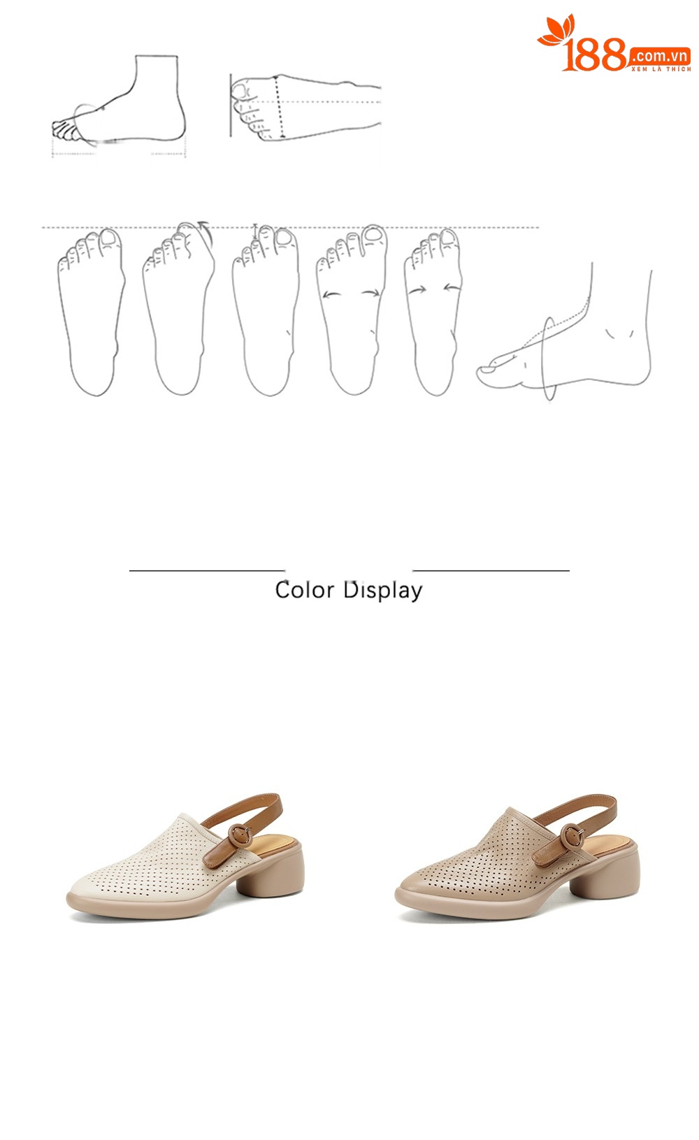 Sandal da dê nữ quai ngang mũi tròn gót vuông cao 7 cm — màu trắng ngà chi tiết 4