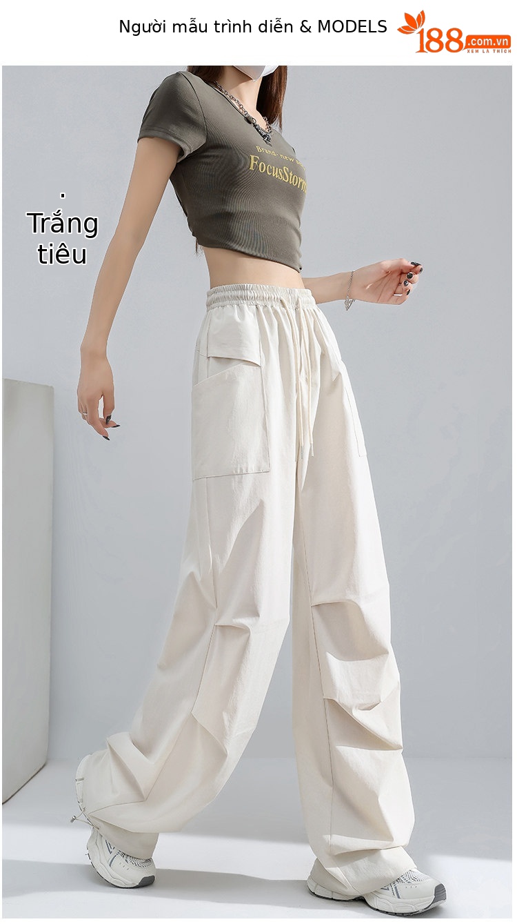 Quần yếm nữ kiểu Mỹ ống rộng cạp cao chất liệu băng lụa mát lạnh — Màu đen thông thường chi tiết 15