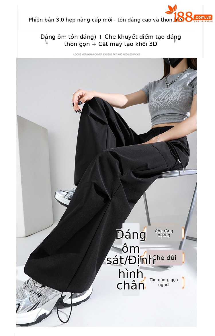 Quần yếm nữ kiểu Mỹ ống rộng cạp cao chất liệu băng lụa mát lạnh — Màu đen thông thường chi tiết 7