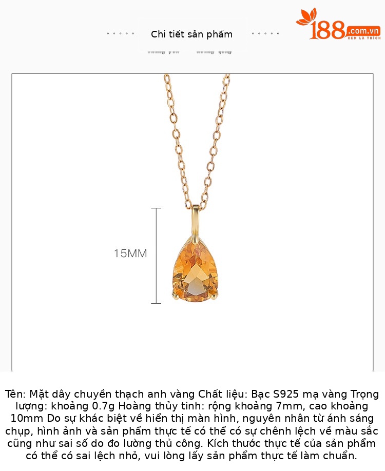 Mặt dây chuyền bạc S925 mạ vàng đính đá hoàng thủy tinh hình giọt nước — Mặt dây chuyền đơn (không kèm dây) chi tiết 2