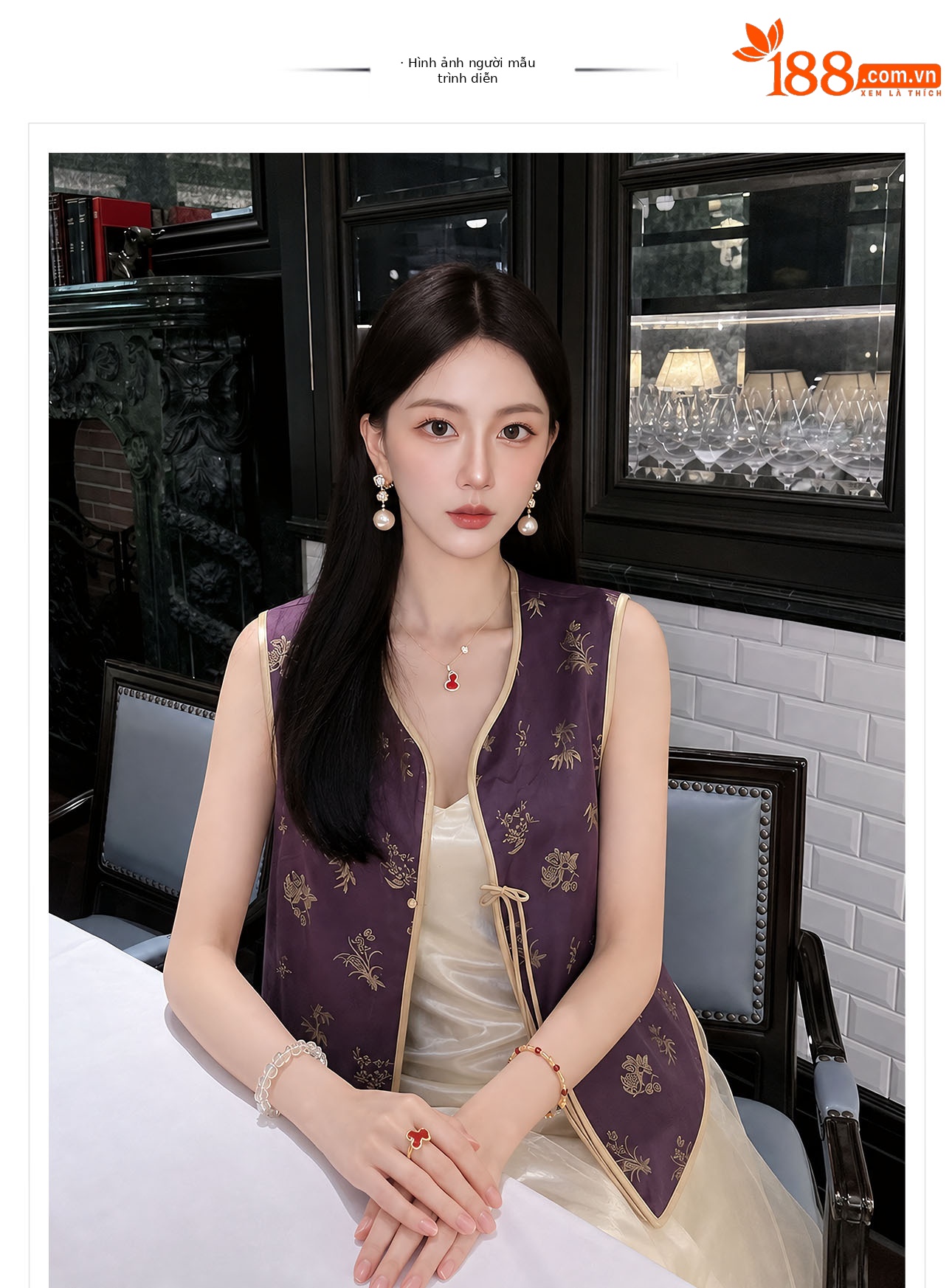 Áo gile nữ phong cách quốc phong phối ren hoa văn vải satin — màu tím chi tiết 1