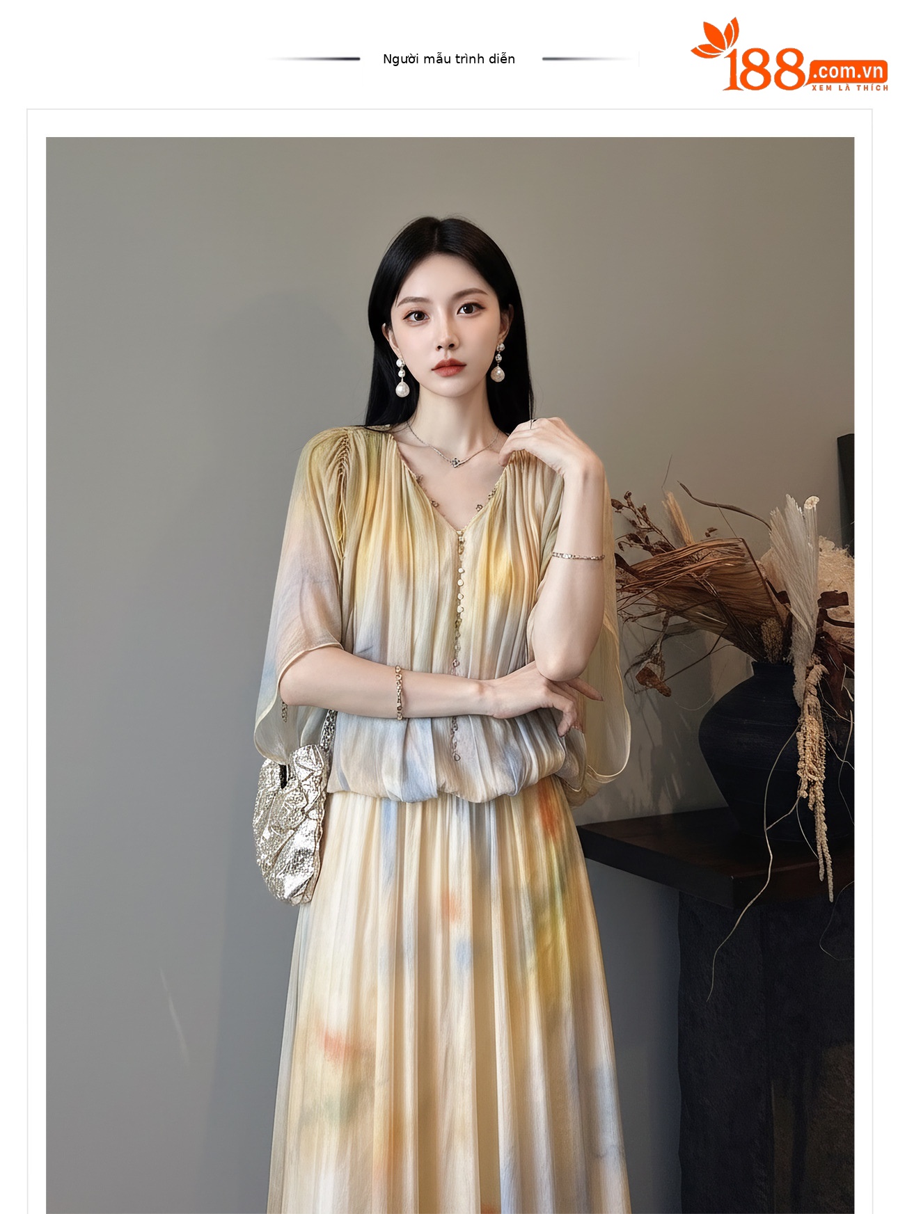 Đầm maxi nữ thắt eo họa tiết chìm gradient cao cấp — Gạo màu chi tiết 1
