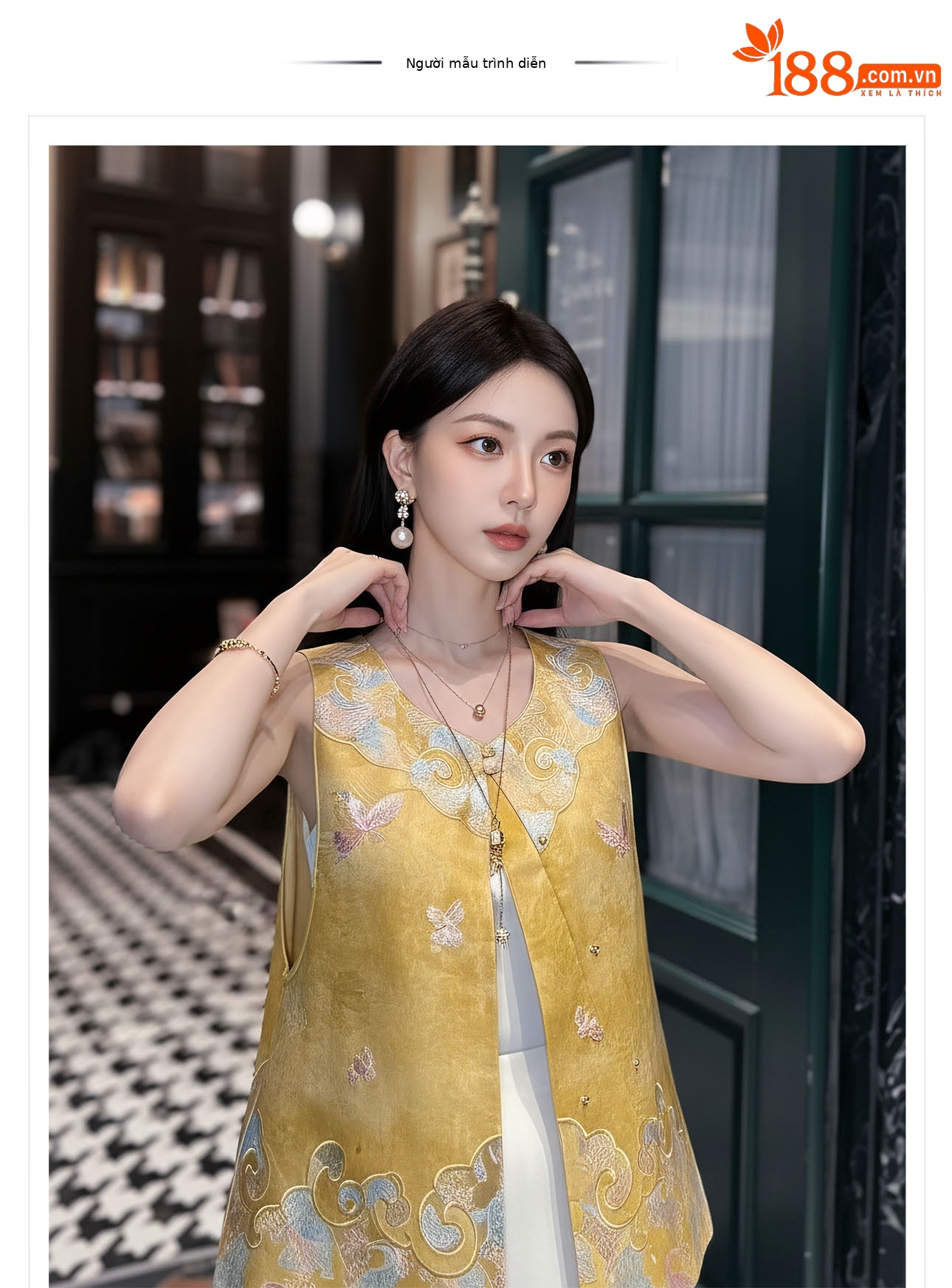Áo gile không tay Tân Trung Hoa thêu hoa văn nổi, cài khuy vải, phong cách cao cấp — màu vàng chi tiết 1