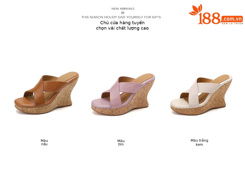 Sandal cao gót nữ quai chéo hở mũi đế xuồng tăng chiều cao — màu nâu, Hồng tím, màu trắng ngà chi tiết 4