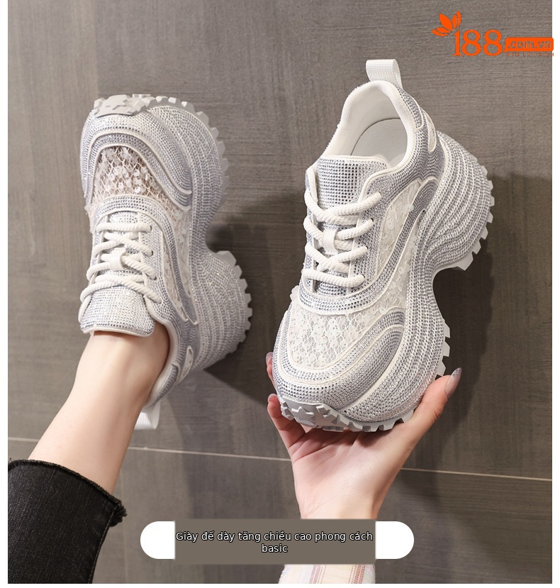 Giày sneaker nữ chunky đế dày lưới phối đá rhinestone — màu trắng chi tiết 1