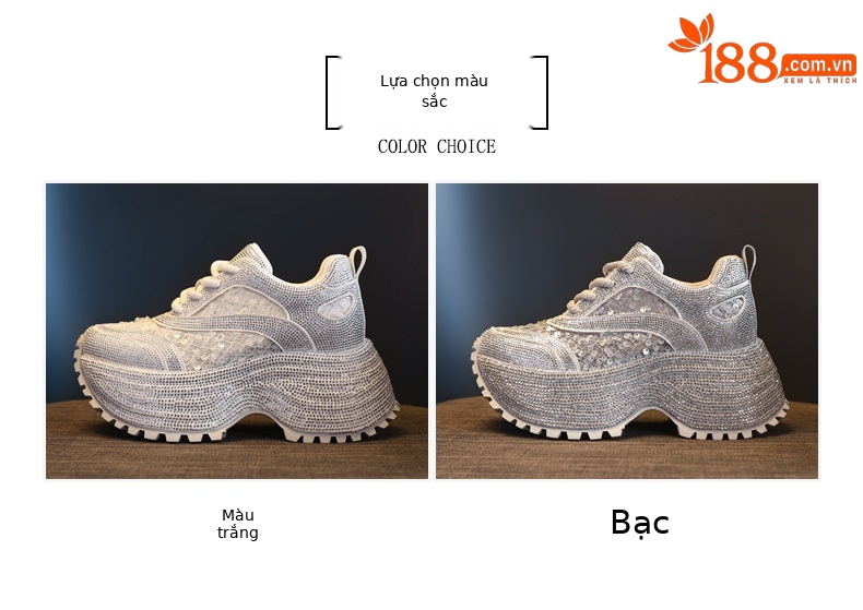 Giày sneaker nữ chunky đế dày lưới phối đá rhinestone — màu trắng chi tiết 2