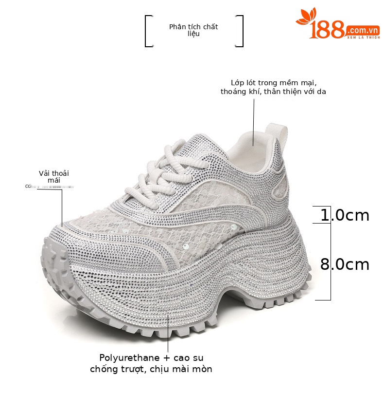 Giày sneaker nữ chunky đế dày lưới phối đá rhinestone — màu trắng chi tiết 3