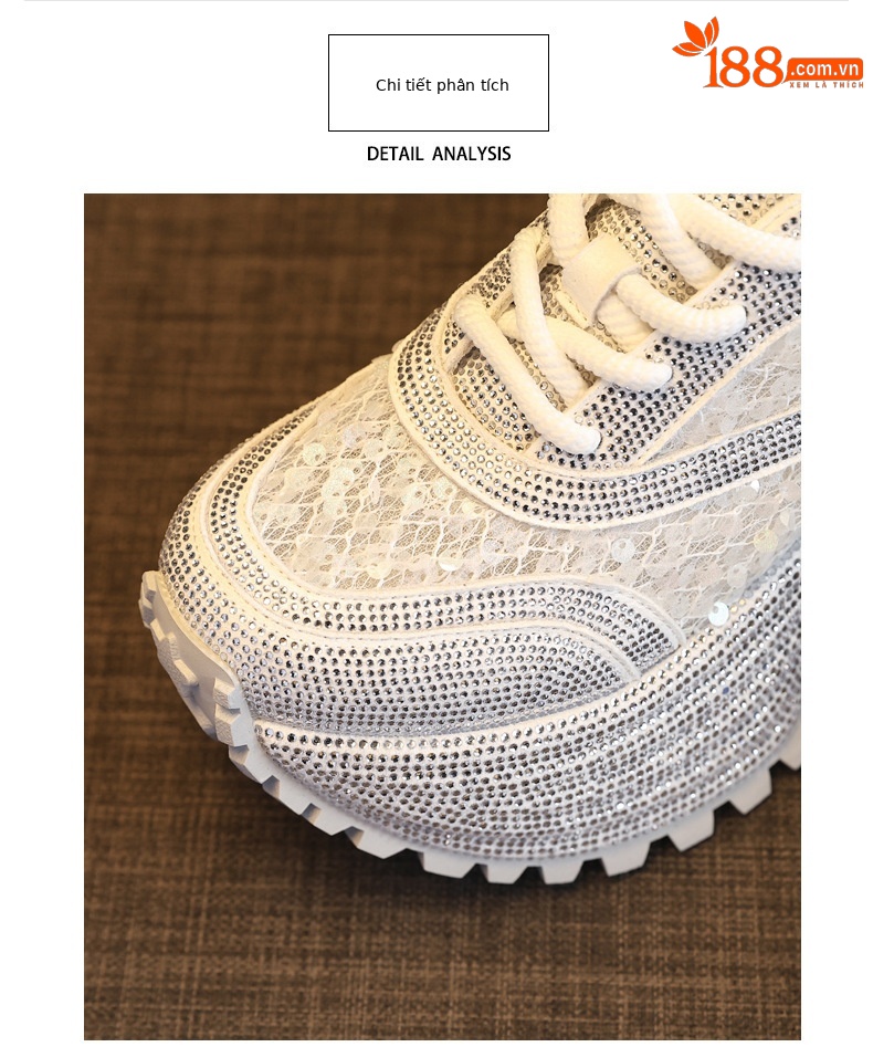 Giày sneaker nữ chunky đế dày lưới phối đá rhinestone — màu trắng chi tiết 7
