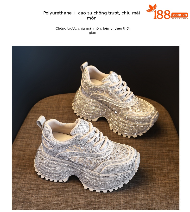 Giày sneaker nữ chunky đế dày lưới phối đá rhinestone — màu trắng chi tiết 10
