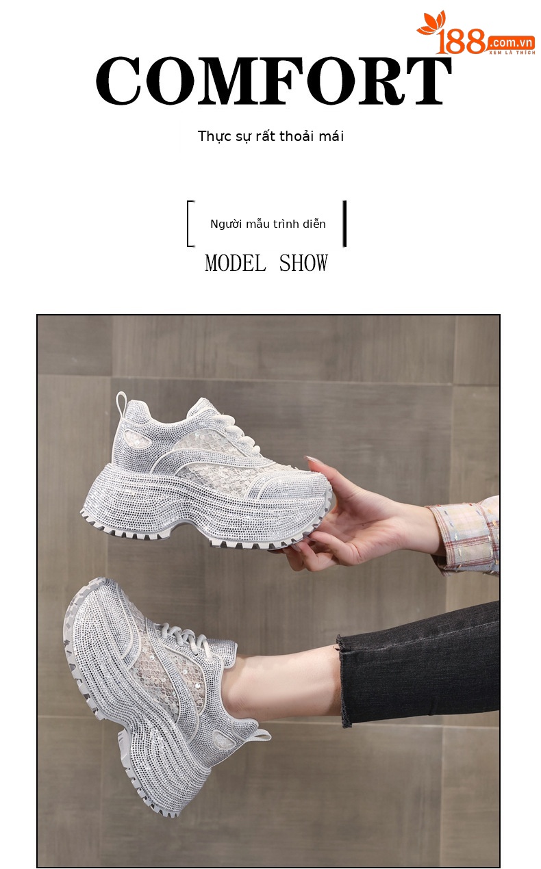 Giày sneaker nữ chunky đế dày lưới phối đá rhinestone — màu trắng chi tiết 11