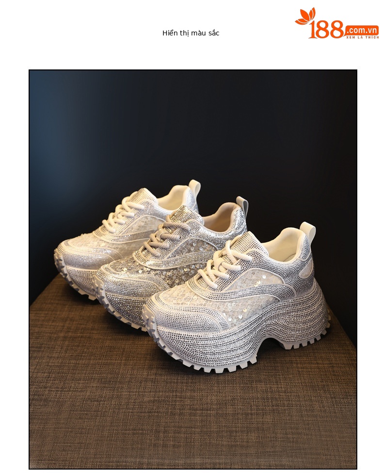 Giày sneaker nữ chunky đế dày lưới phối đá rhinestone — màu trắng chi tiết 18