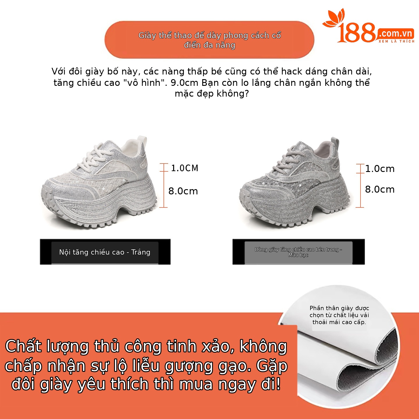 Giày sneaker nữ chunky đế dày lưới phối đá rhinestone — màu trắng