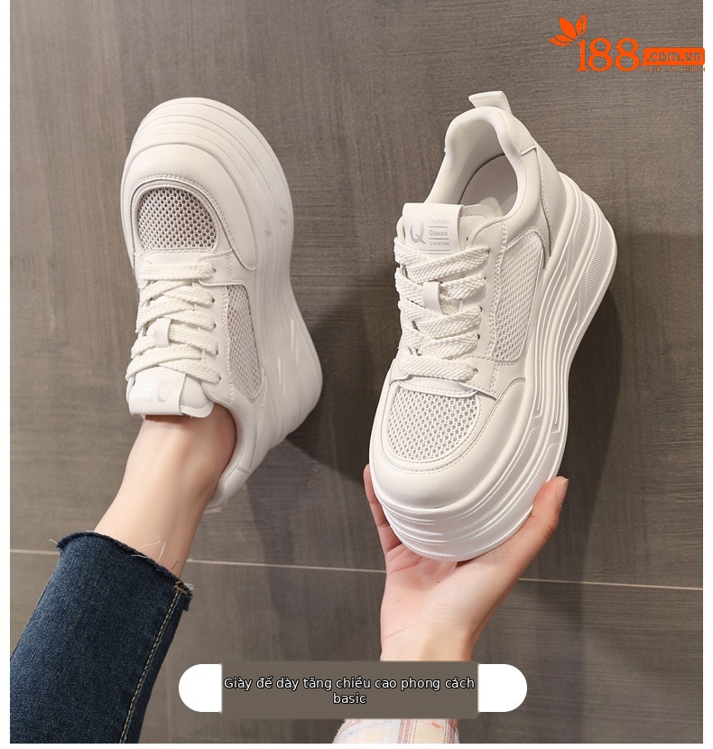 Giày sneaker nữ đế dày tăng chiều cao mặt lưới phong cách thể thao — màu trắng chi tiết 1