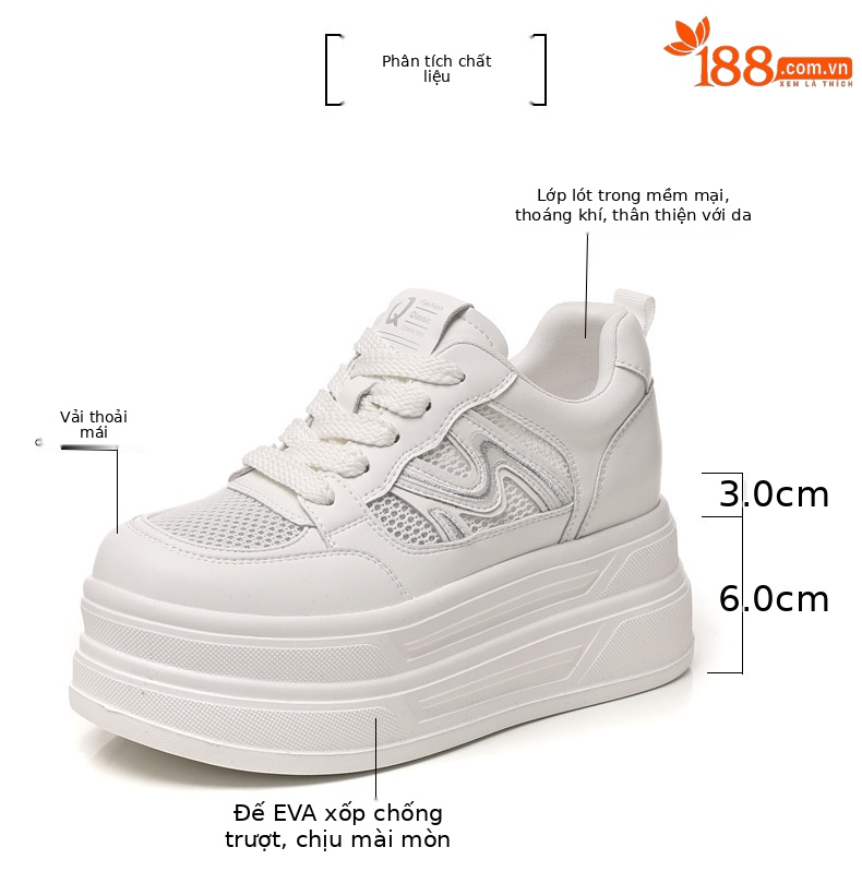 Giày sneaker nữ đế dày tăng chiều cao mặt lưới phong cách thể thao — màu trắng chi tiết 2