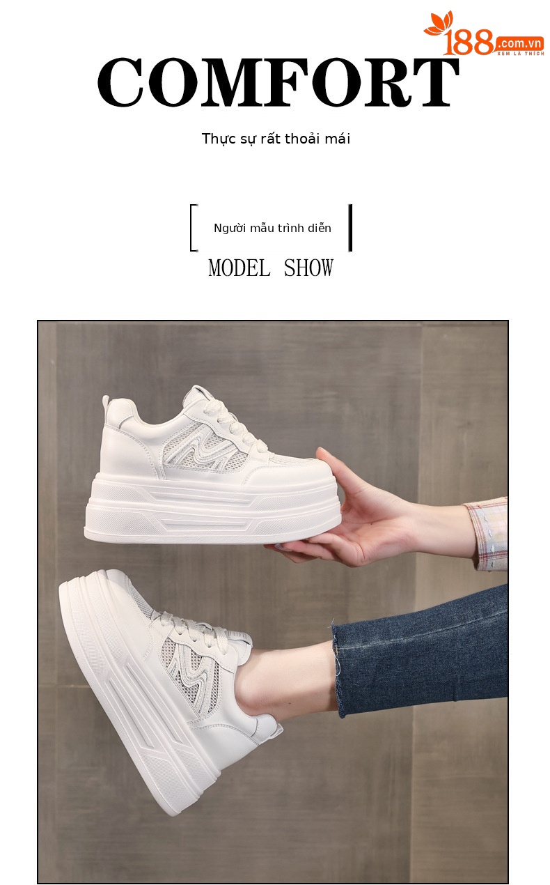 Giày sneaker nữ đế dày tăng chiều cao mặt lưới phong cách thể thao — màu trắng chi tiết 9