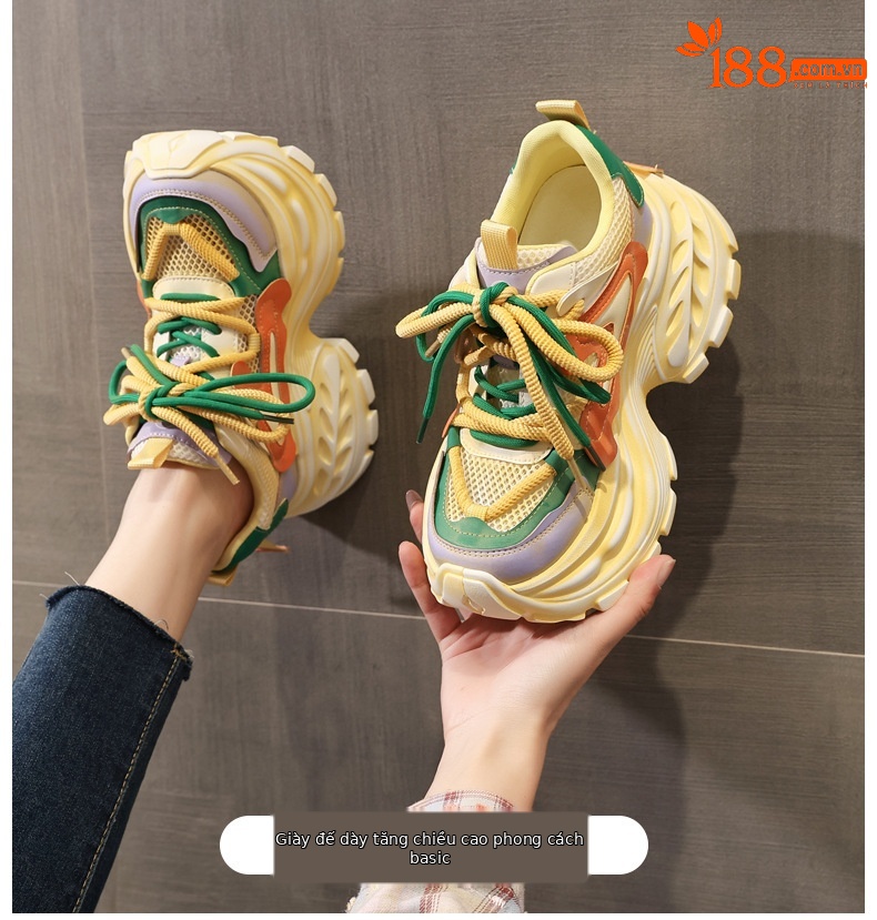 Giày sneaker nữ đế dày lưới thoáng khí phong cách daddy giày tăng chiều cao — màu hồng chi tiết 1