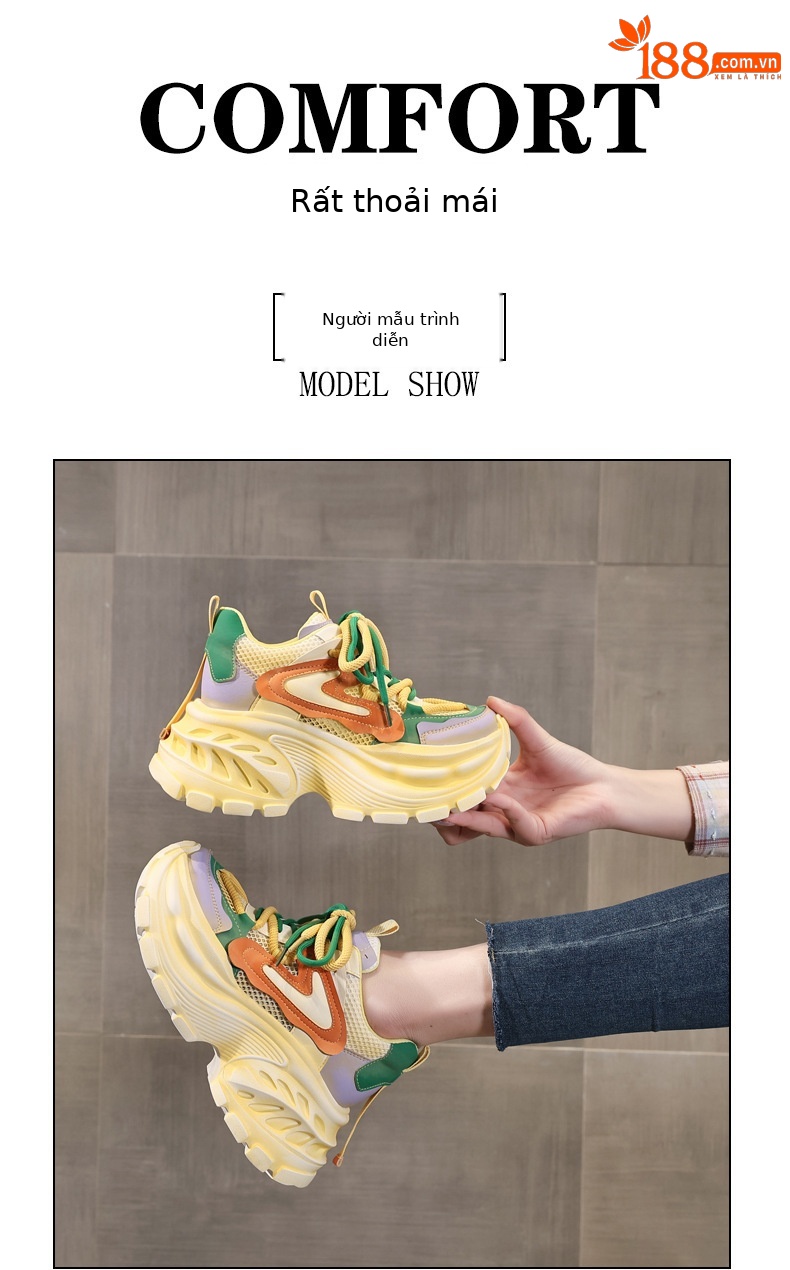 Giày sneaker nữ đế dày lưới thoáng khí phong cách daddy giày tăng chiều cao — màu hồng chi tiết 10