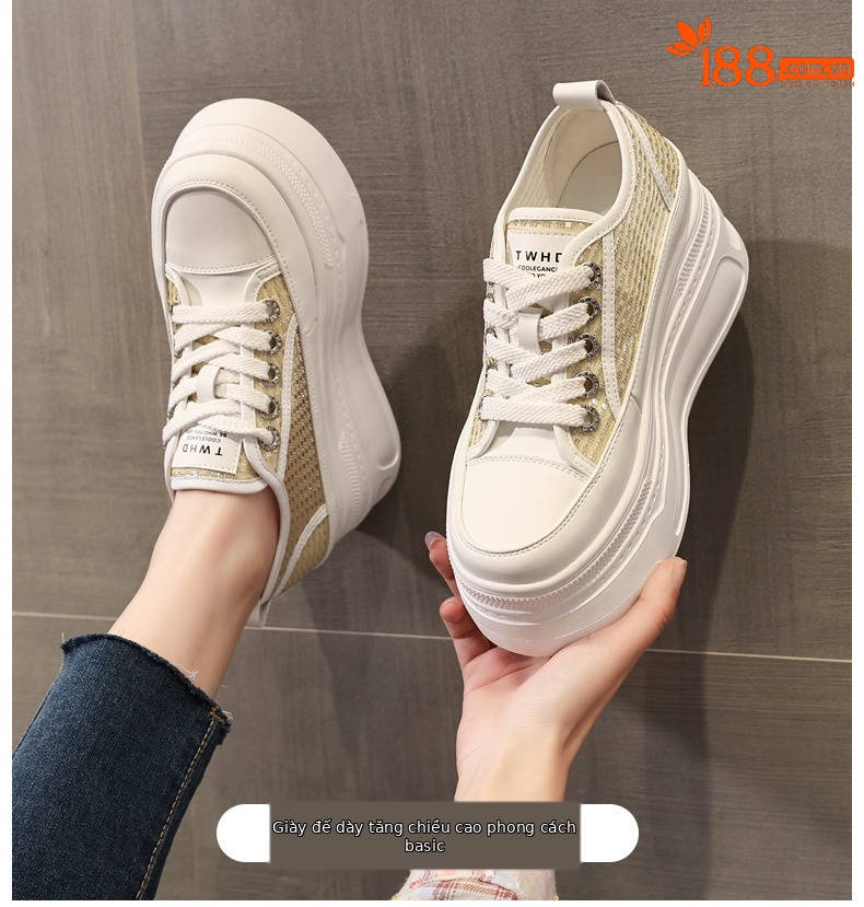 Giày sneaker nữ đế dày tăng chiều cao mùa hè thoáng khí kiểu bánh mì — màu trắng chi tiết 1