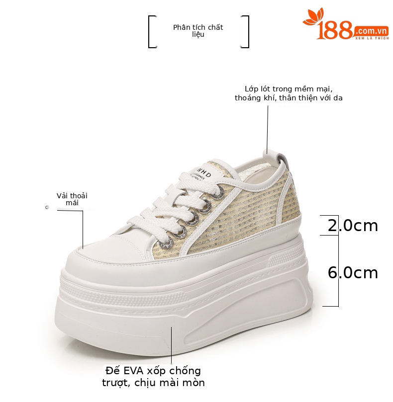 Giày sneaker nữ đế dày tăng chiều cao mùa hè thoáng khí kiểu bánh mì — màu trắng chi tiết 3