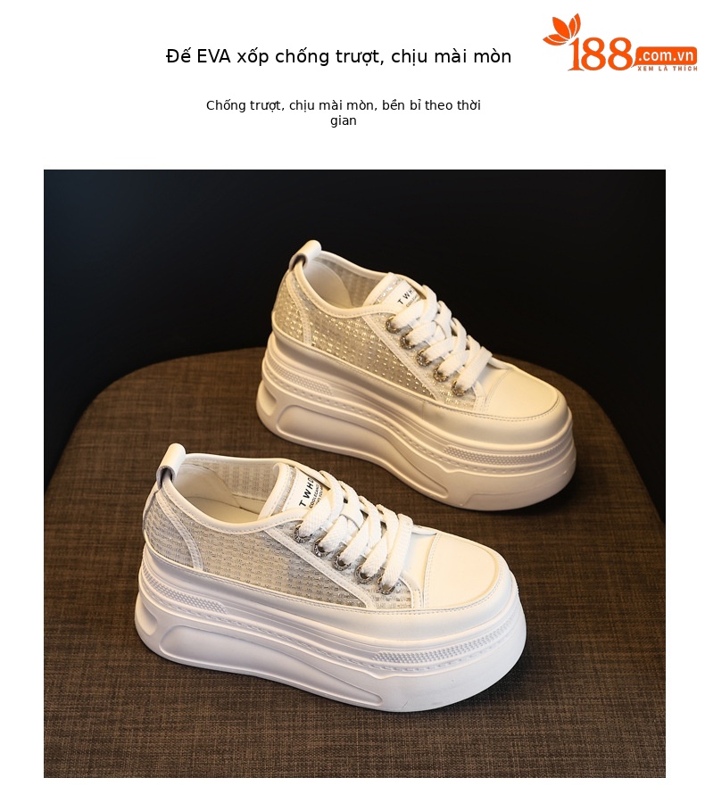 Giày sneaker nữ đế dày tăng chiều cao mùa hè thoáng khí kiểu bánh mì — màu trắng chi tiết 10