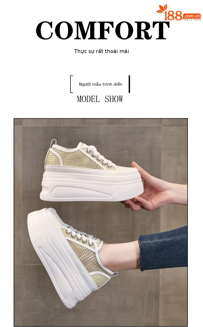 Giày sneaker nữ đế dày tăng chiều cao mùa hè thoáng khí kiểu bánh mì — màu trắng chi tiết 11