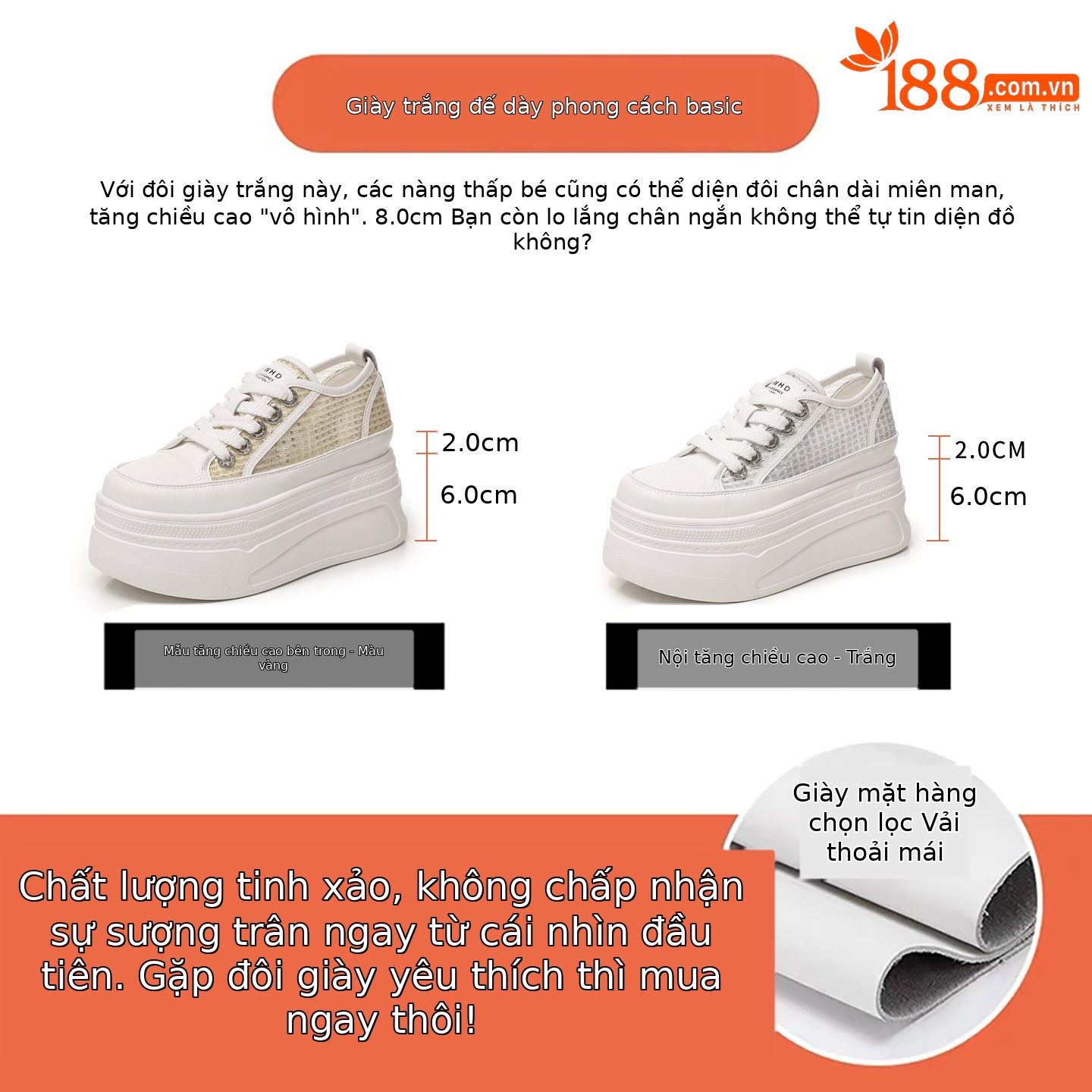 Giày sneaker nữ đế dày tăng chiều cao mùa hè thoáng khí kiểu bánh mì — màu trắng