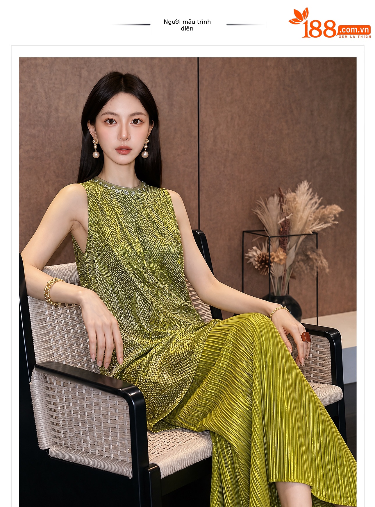Đầm maxi nữ thắt eo phong cách Tân Trung Hoa họa tiết thêu nổi — Trà cà phê chi tiết 1