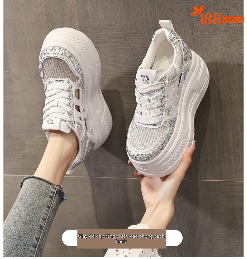 Giày sneaker nữ đế dày tăng chiều cao, phối đá rhinestone, lưới thoáng khí — màu trắng chi tiết 1