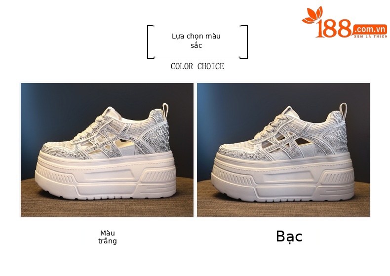Giày sneaker nữ đế dày tăng chiều cao, phối đá rhinestone, lưới thoáng khí — màu trắng chi tiết 2