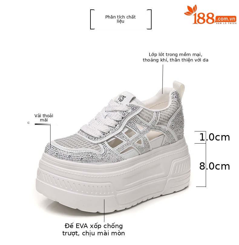 Giày sneaker nữ đế dày tăng chiều cao, phối đá rhinestone, lưới thoáng khí — màu trắng chi tiết 3