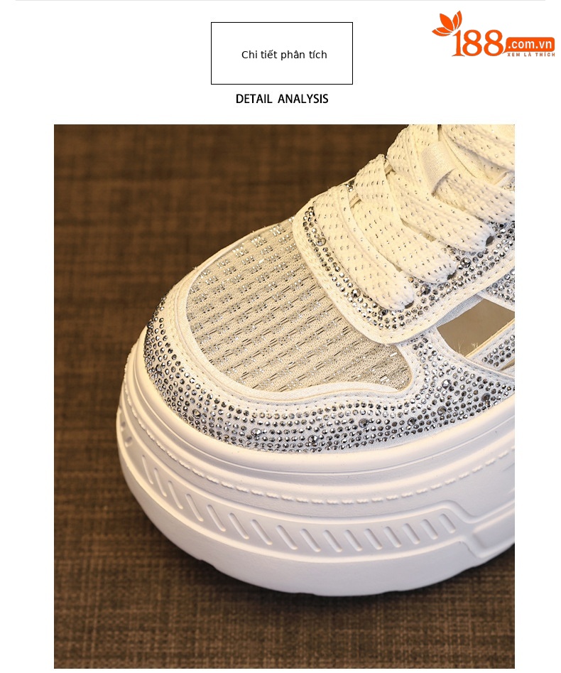 Giày sneaker nữ đế dày tăng chiều cao, phối đá rhinestone, lưới thoáng khí — màu trắng chi tiết 7