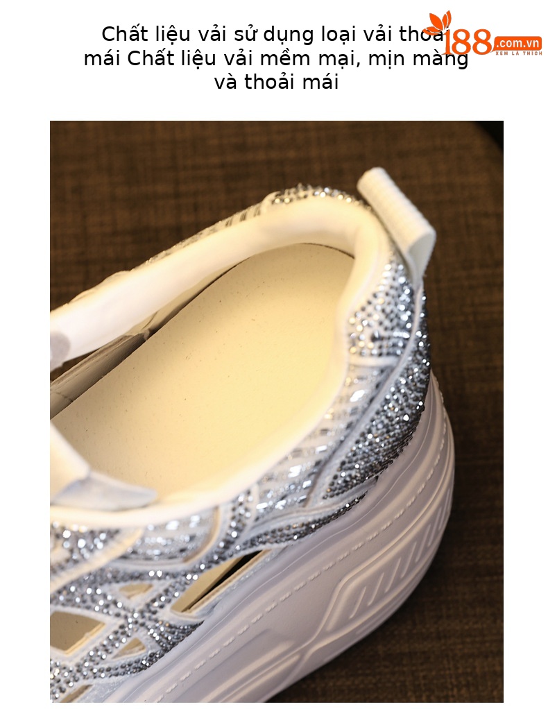 Giày sneaker nữ đế dày tăng chiều cao, phối đá rhinestone, lưới thoáng khí — màu trắng chi tiết 8