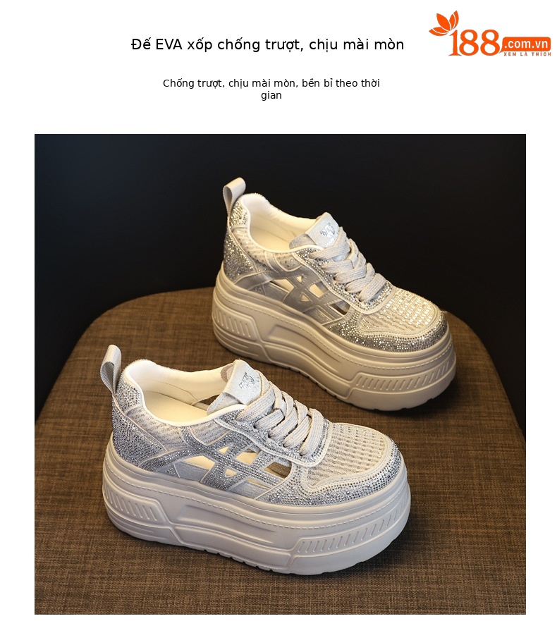 Giày sneaker nữ đế dày tăng chiều cao, phối đá rhinestone, lưới thoáng khí — màu trắng chi tiết 10
