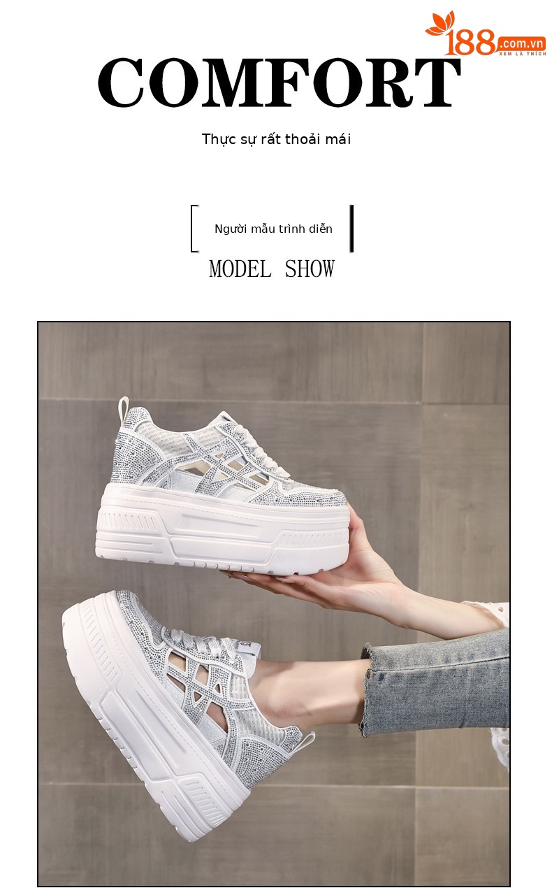 Giày sneaker nữ đế dày tăng chiều cao, phối đá rhinestone, lưới thoáng khí — màu trắng chi tiết 11