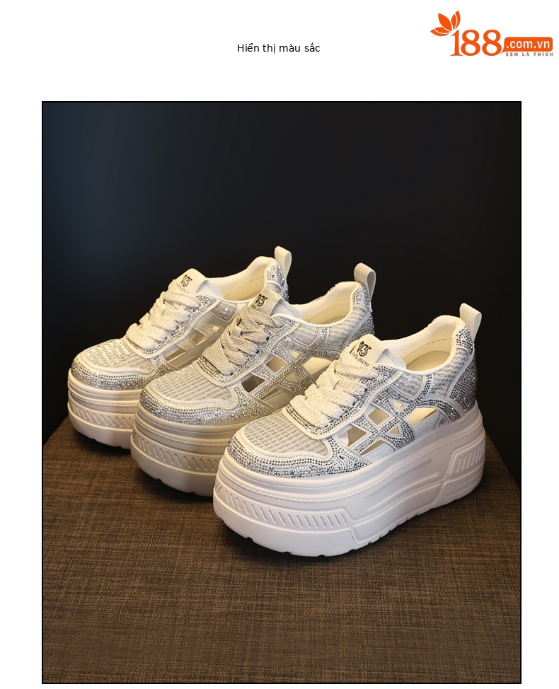 Giày sneaker nữ đế dày tăng chiều cao, phối đá rhinestone, lưới thoáng khí — màu trắng chi tiết 18
