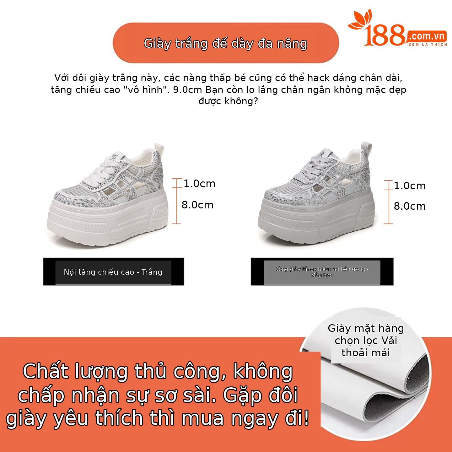 Giày sneaker nữ đế dày tăng chiều cao, phối đá rhinestone, lưới thoáng khí — màu trắng