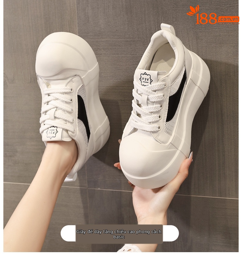 Giày sneaker nữ đế dày tăng chiều cao phong cách thể thao trắng basic — Bạc trắng chi tiết 1