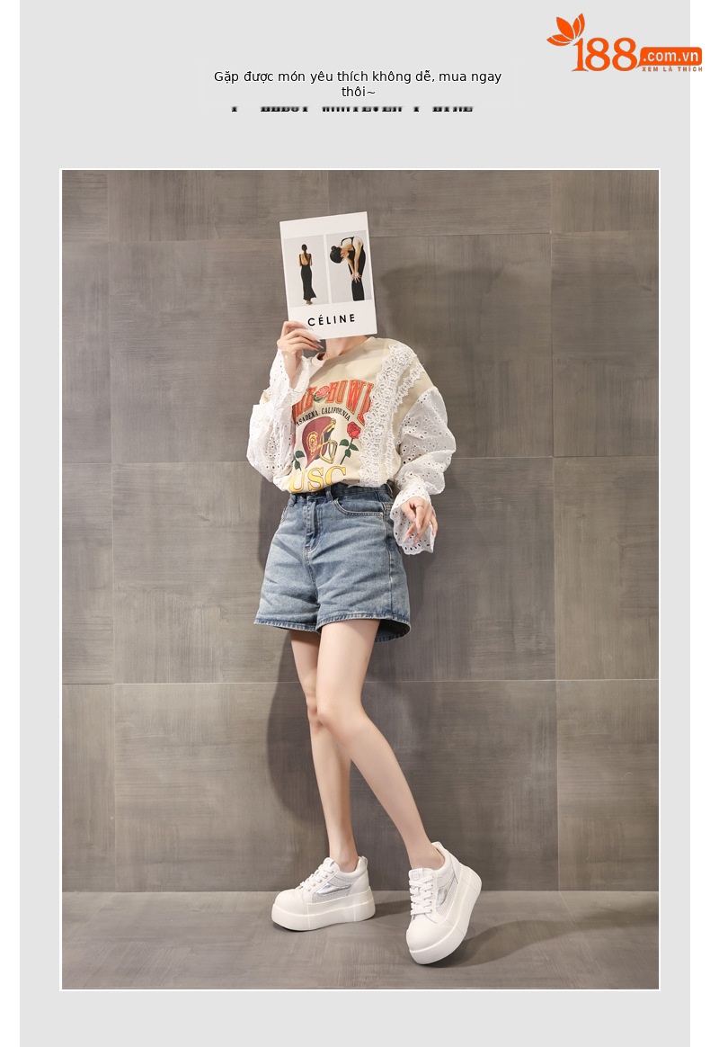 Giày sneaker nữ đế dày tăng chiều cao phong cách thể thao trắng basic — Bạc trắng chi tiết 6