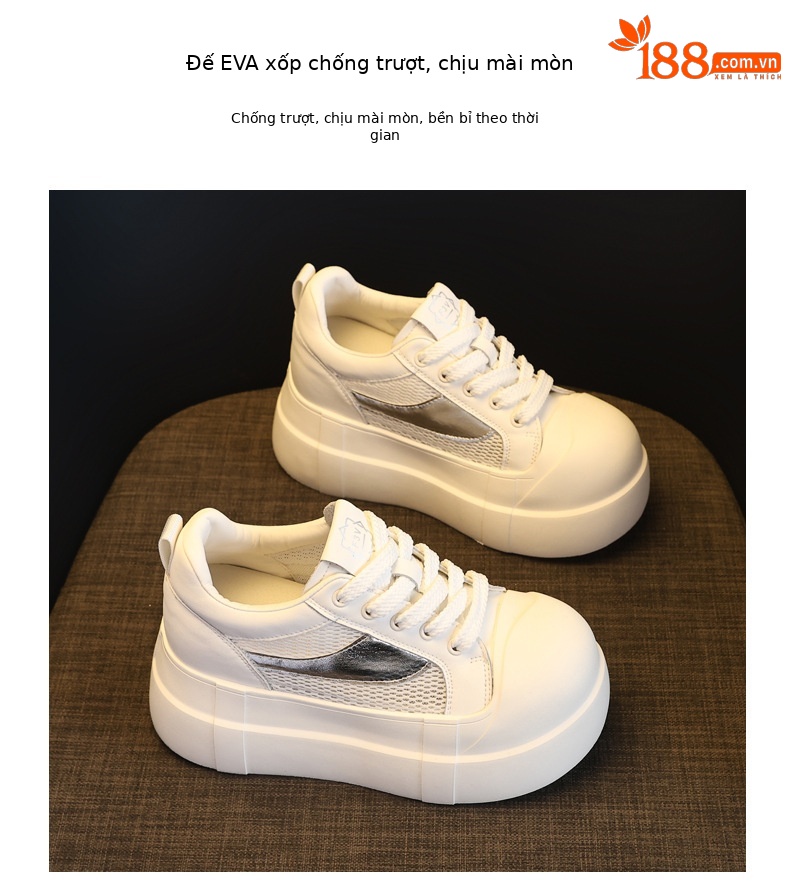 Giày sneaker nữ đế dày tăng chiều cao phong cách thể thao trắng basic — Bạc trắng chi tiết 10