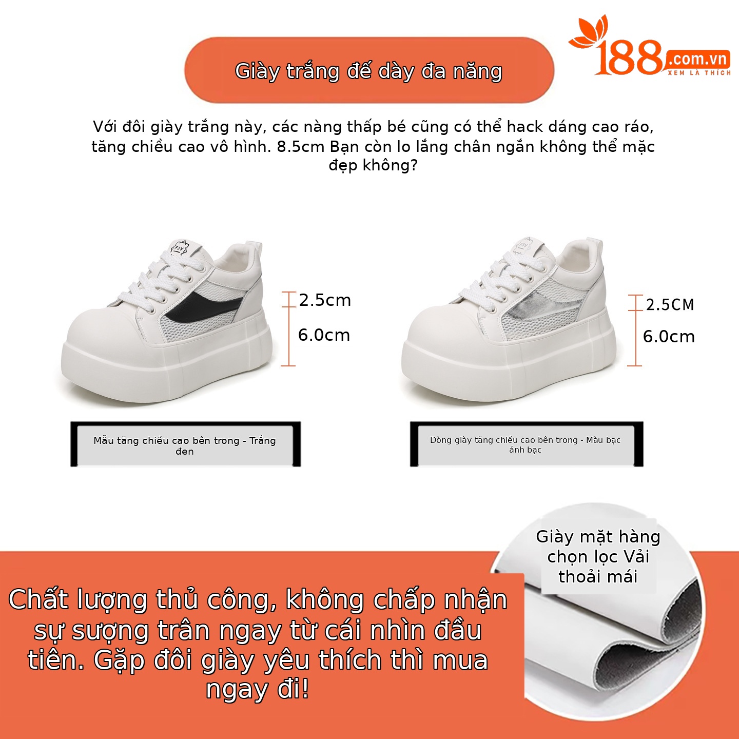 Giày sneaker nữ đế dày tăng chiều cao phong cách thể thao trắng basic — Bạc trắng