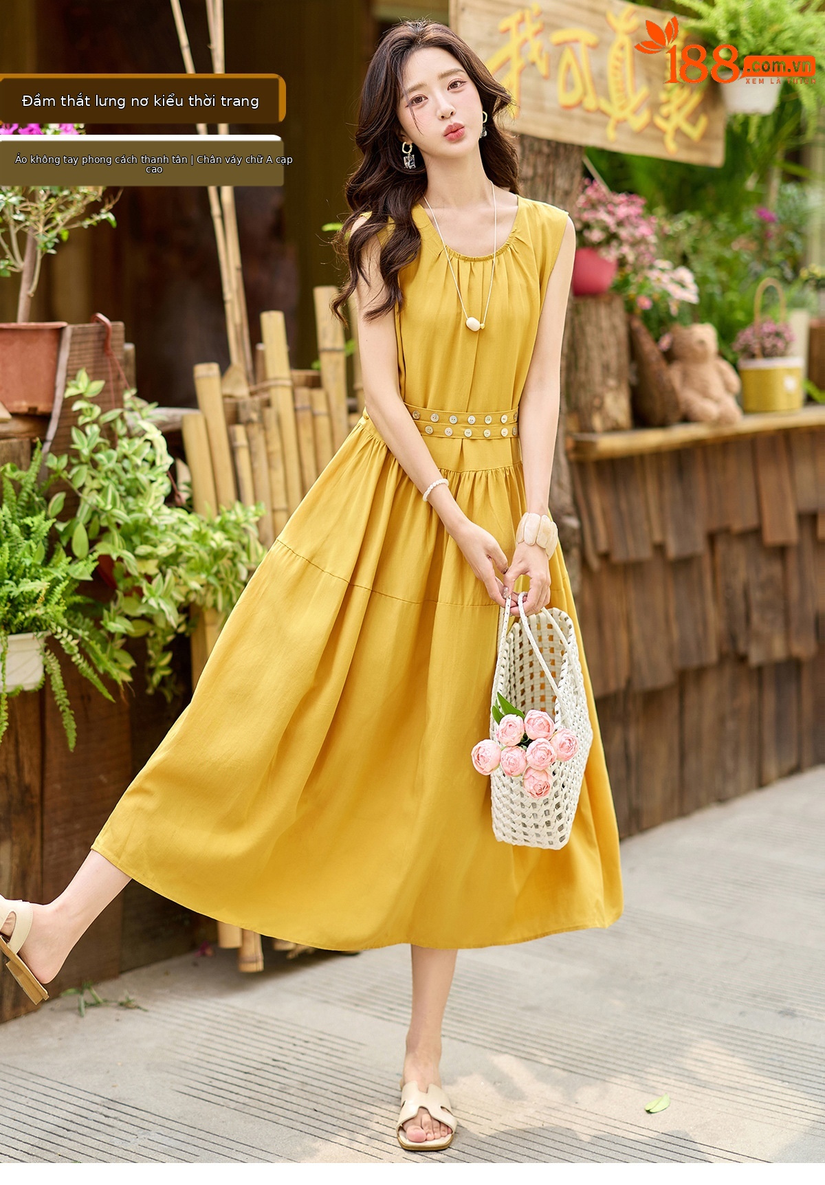 Đầm suông nữ midi không tay dáng rộng dài quá gối MJ5611 — màu trắng, xanh lá cây, màu vàng chi tiết 1