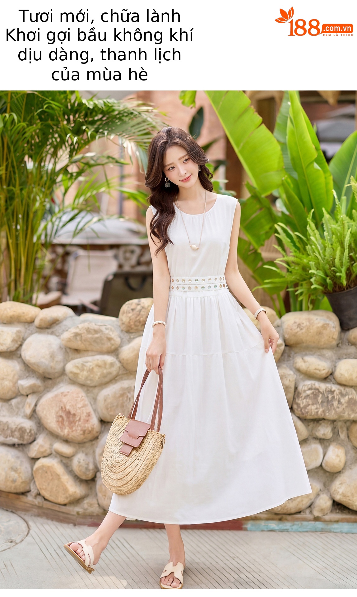 Đầm suông nữ midi không tay dáng rộng dài quá gối MJ5611 — màu trắng, xanh lá cây, màu vàng chi tiết 3