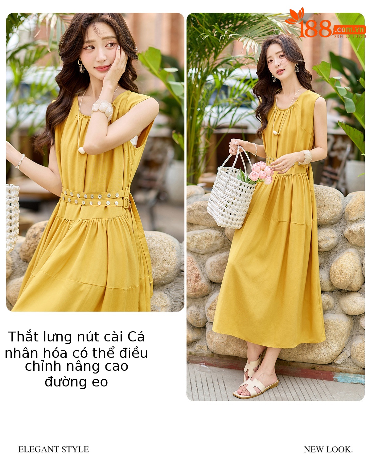 Đầm suông nữ midi không tay dáng rộng dài quá gối MJ5611 — màu trắng, xanh lá cây, màu vàng chi tiết 5