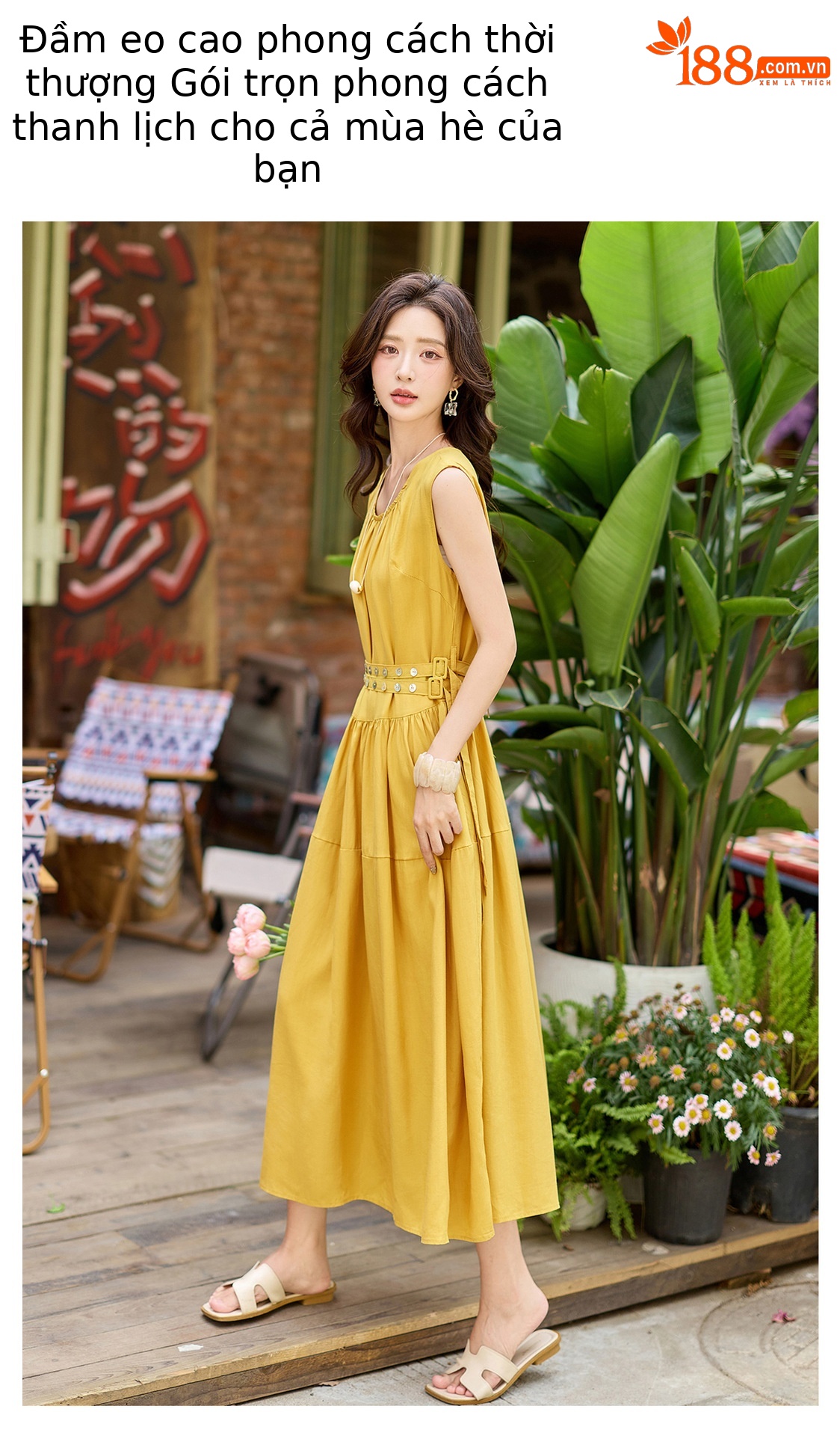 Đầm suông nữ midi không tay dáng rộng dài quá gối MJ5611 — màu trắng, xanh lá cây, màu vàng chi tiết 6
