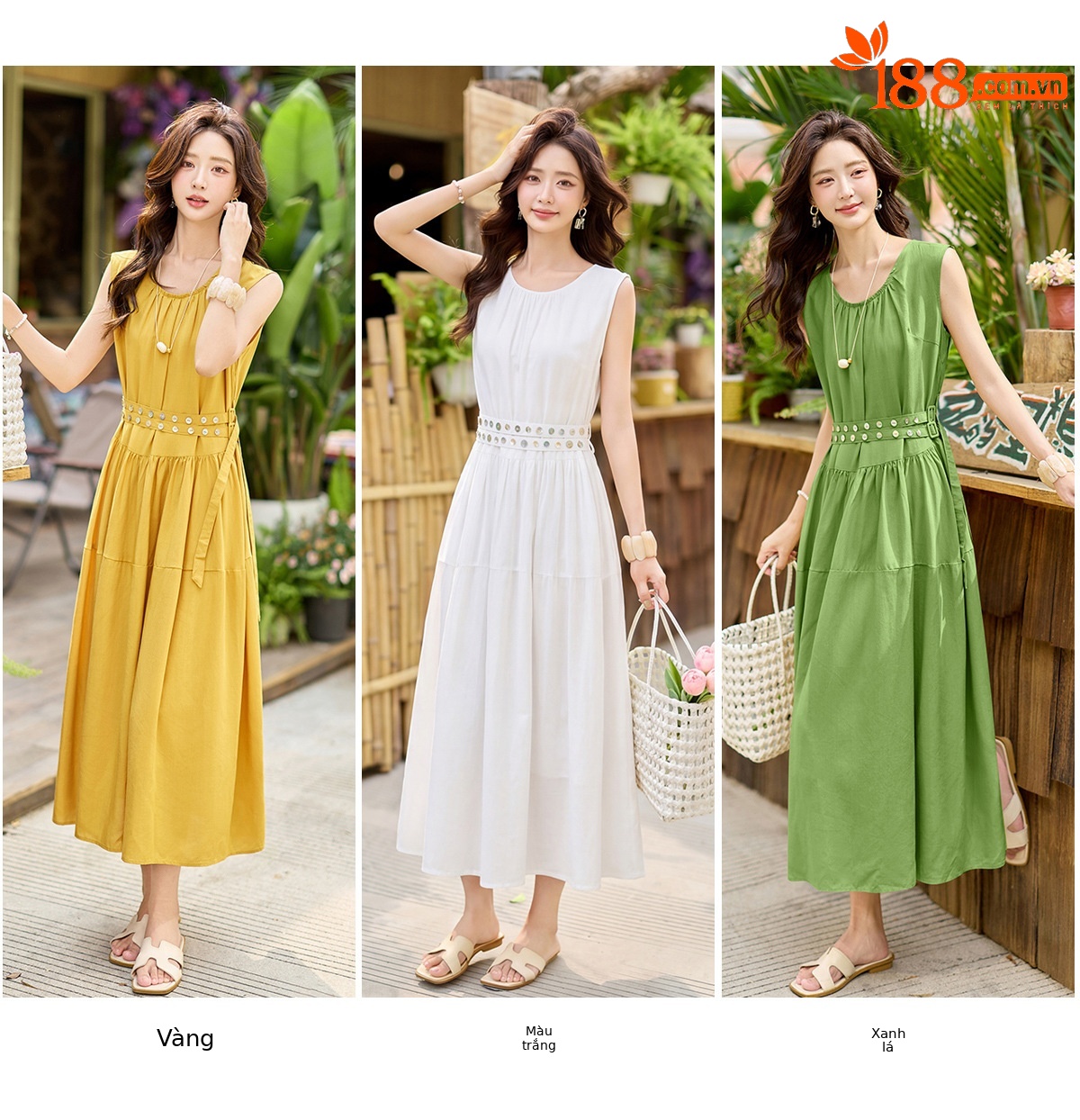 Đầm suông nữ midi không tay dáng rộng dài quá gối MJ5611 — màu trắng, xanh lá cây, màu vàng chi tiết 12