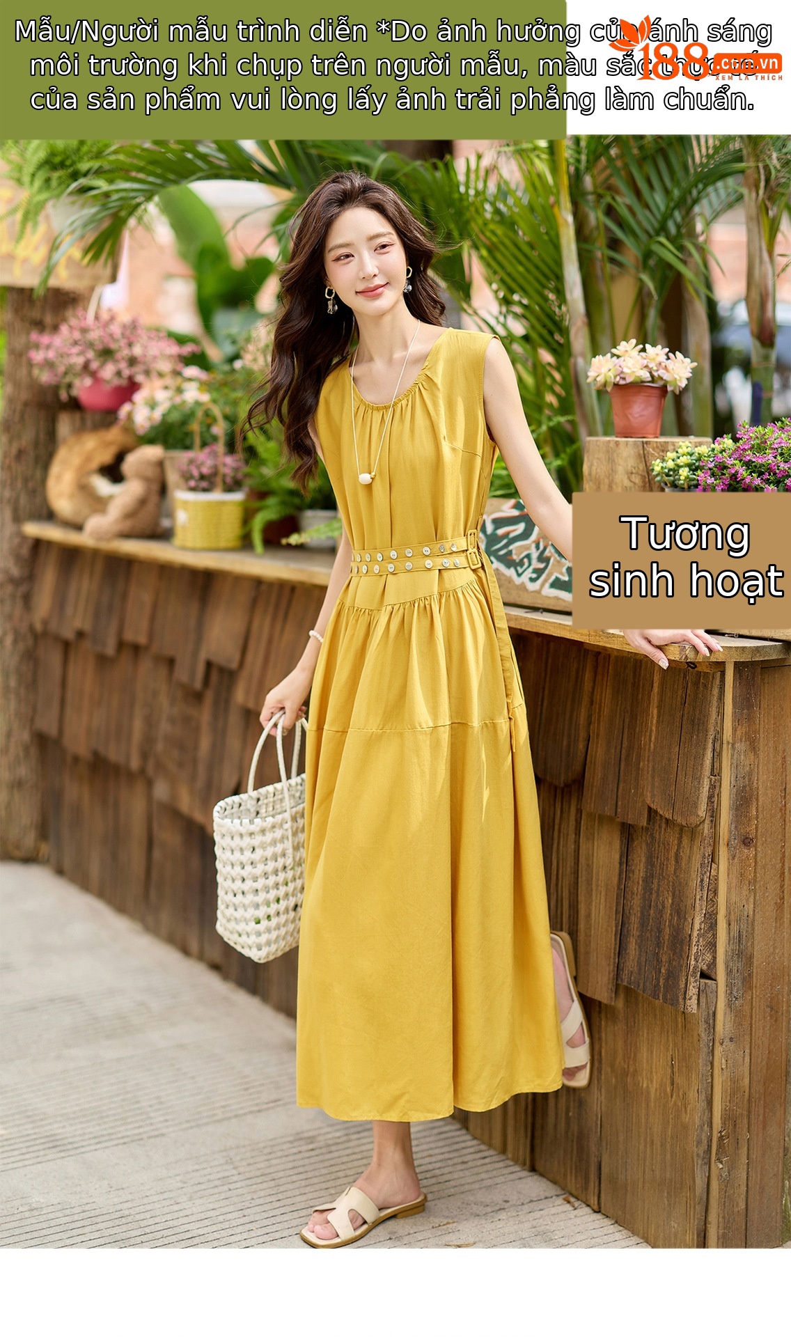 Đầm suông nữ midi không tay dáng rộng dài quá gối MJ5611 — màu trắng, xanh lá cây, màu vàng chi tiết 13