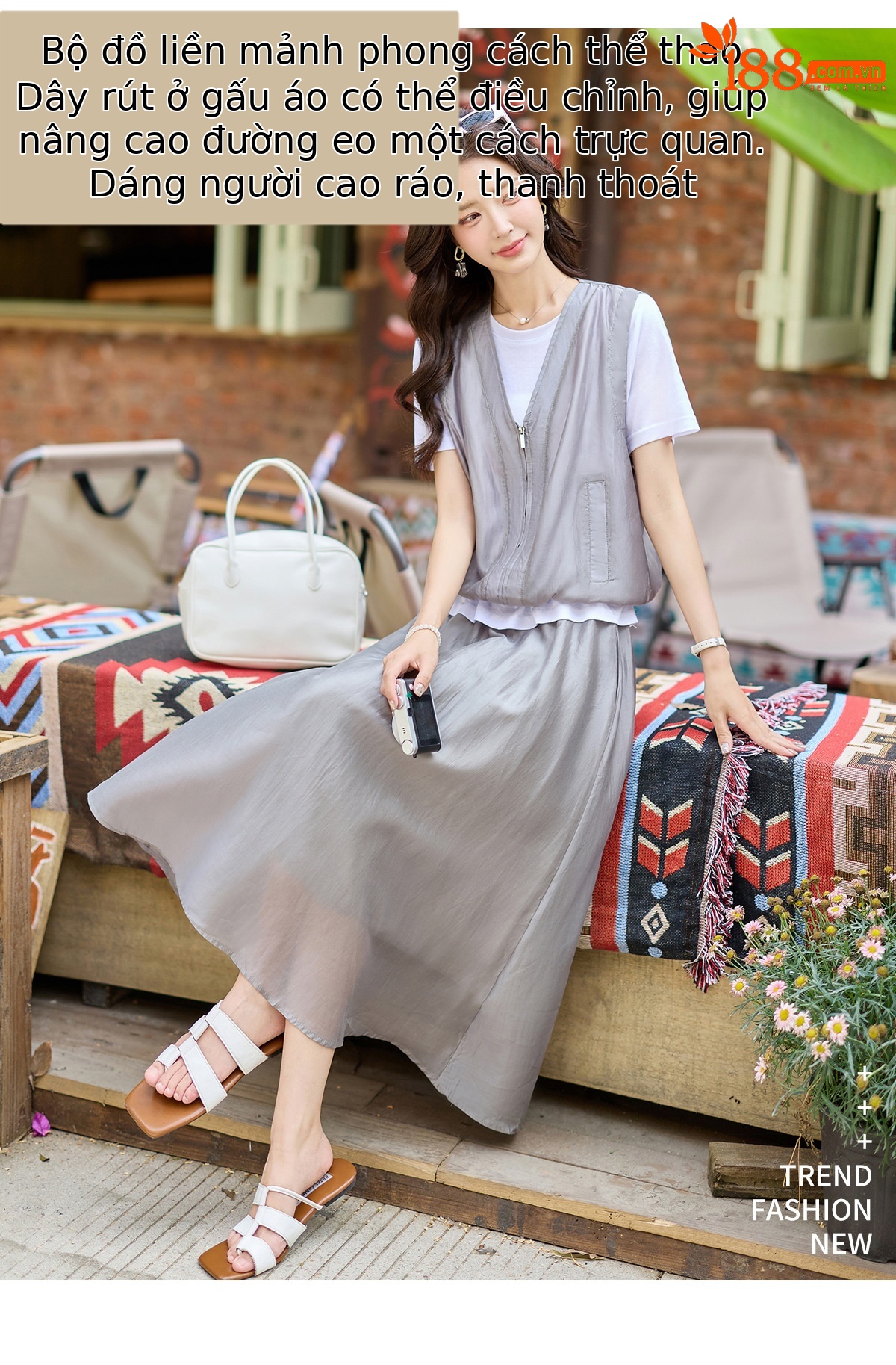Bộ hai mảnh áo phối ren và chân váy midi thanh lịch mùa hè — màu xám chi tiết 3