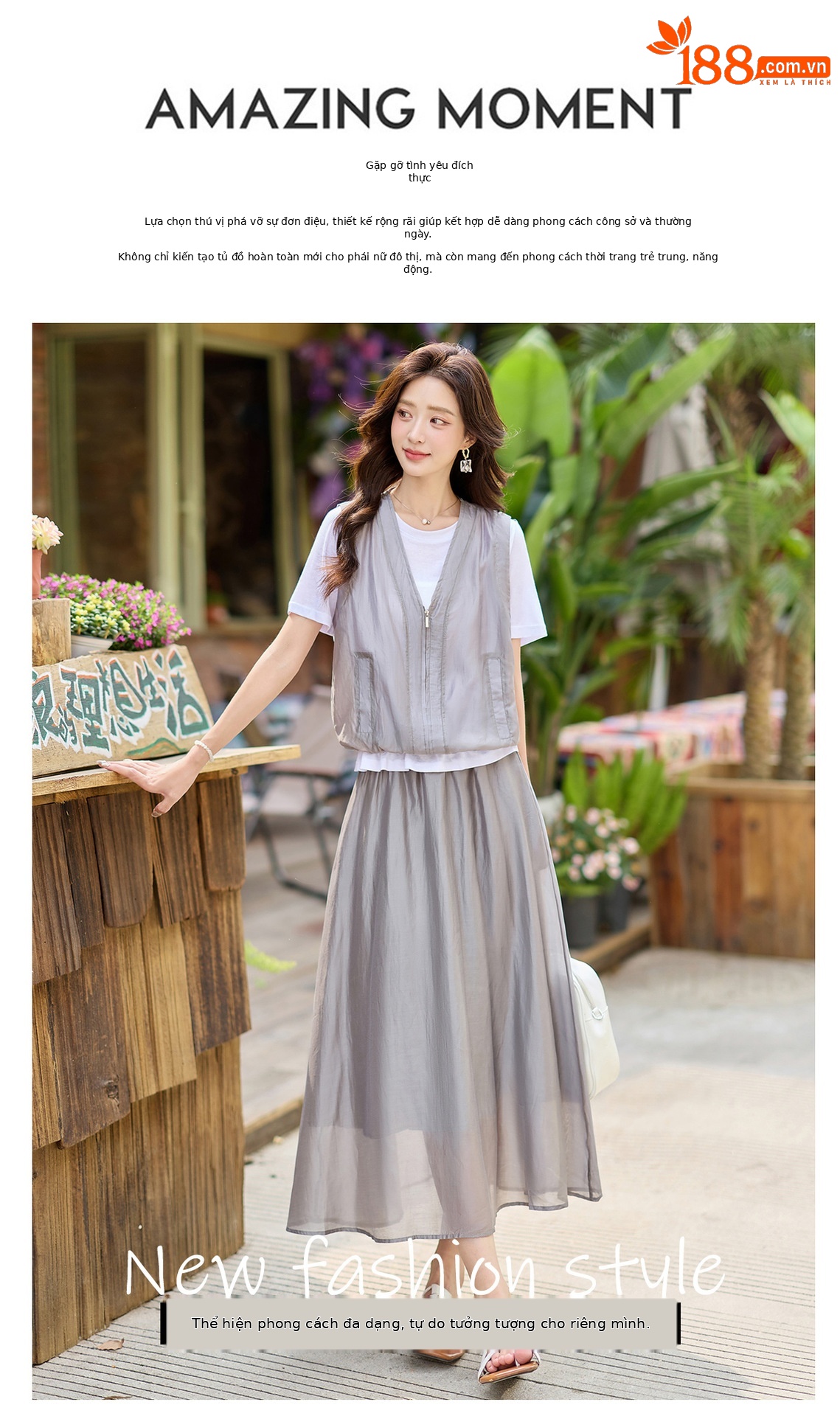 Bộ hai mảnh áo phối ren và chân váy midi thanh lịch mùa hè — màu xám chi tiết 7